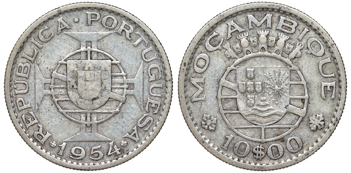 Португальский Мозамбик 10 эскудо 1954 KM 79 серебро 51-2947