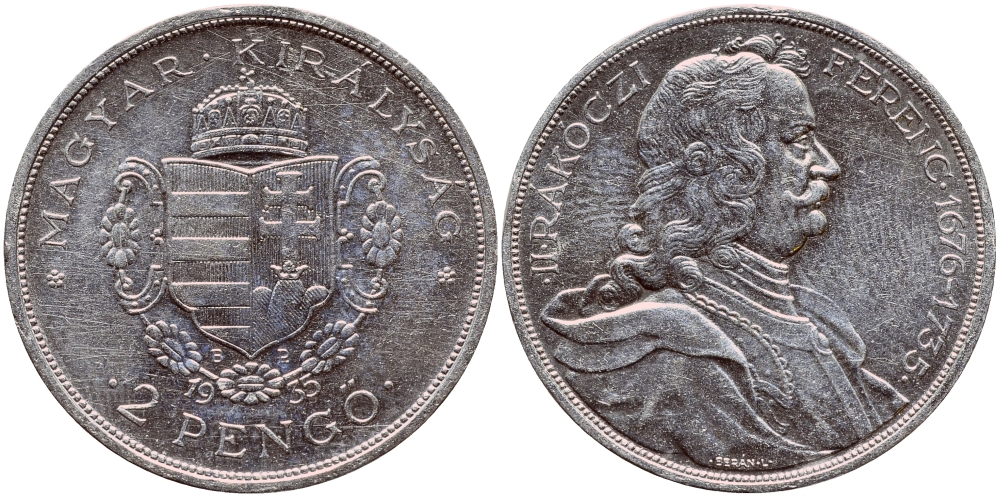 Венгрия 2 пенге 1935 50 лет со дня смерти Ференца II Ракоци KM 514 серебро aUNC 3896-724