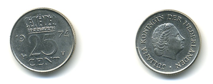 НИДЕРЛАНДЫ 25 ЦЕНТОВ 1974 ЮЛИАНА KM 183 никель 4364-543