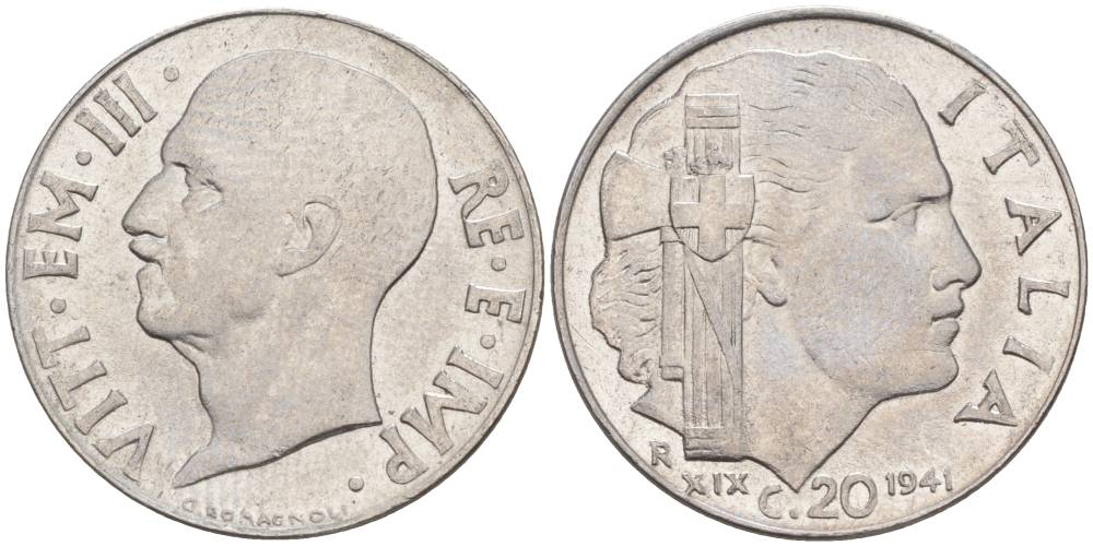 ИТАЛИЯ 20 ЧЕНТЕЗИМО 1941 R, ГОД XIX, ВИКТОР ЭММАНУИЛ III (1900-1946) KM 75b, VEM3. 1028 нержавеющая сталь 3853-925