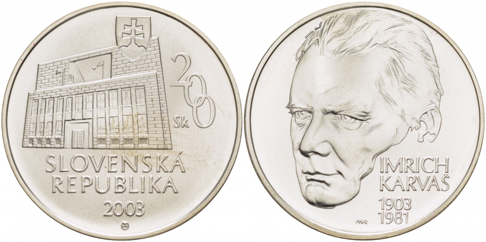 Словакия 200 крон 2003 100 лет со дня рождения Имриха Карваша (1903-1981) KM 65 серебро UNC 11-177-44