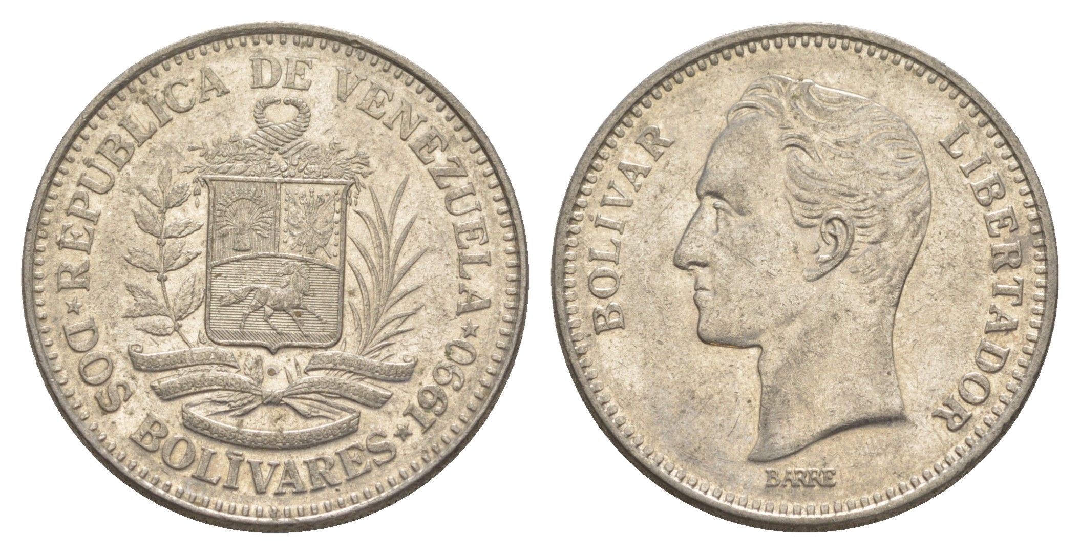 Венесуэла 2 боливара 1990 Симон Боливар Y 43a сталь плакированная никелем 4583-533