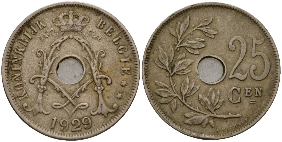 Бельгия 25 сантимов 1929 Belgie KM 69 медно-никель 33-1145