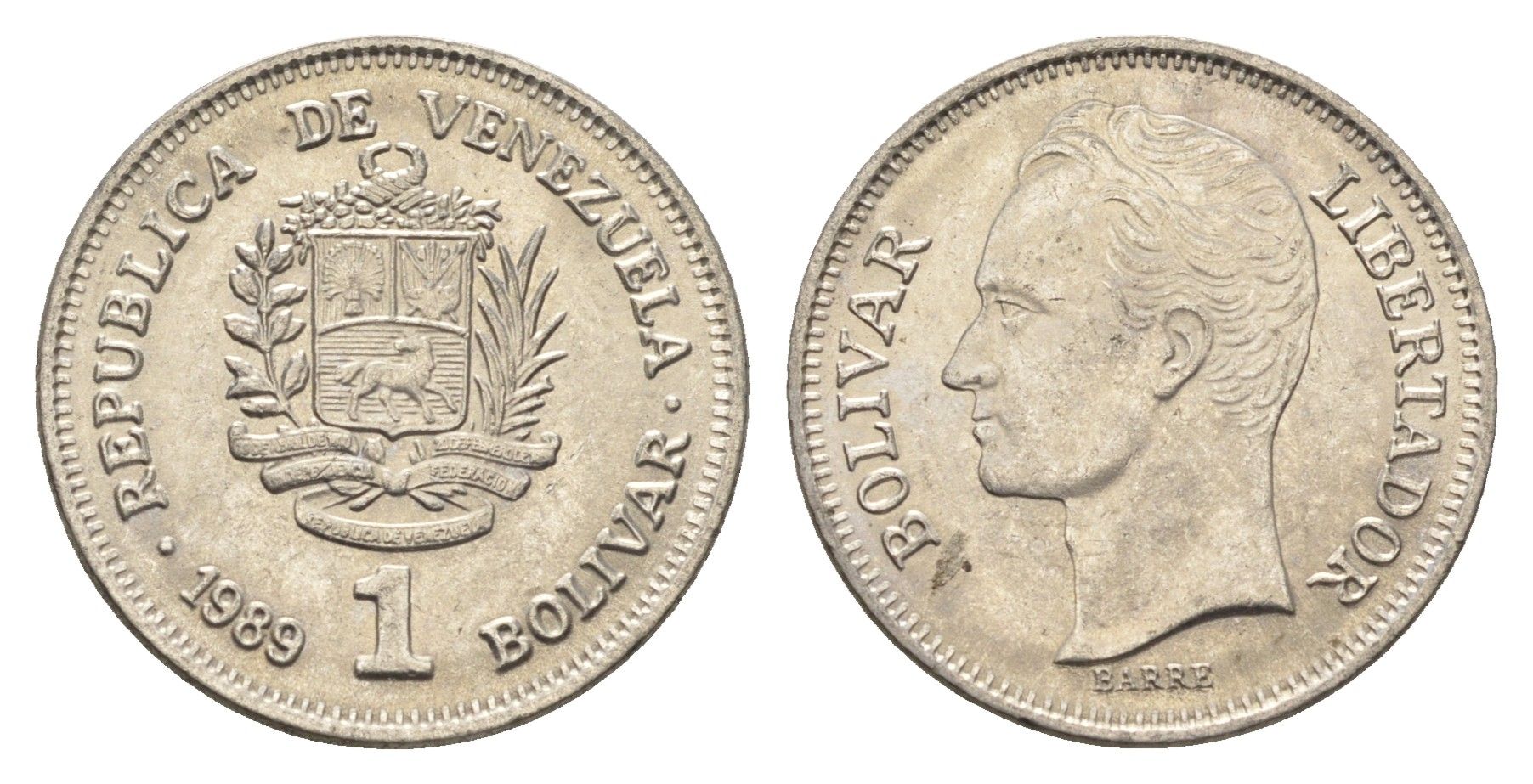 Венесуэла 1 боливар 1989 Симон Боливар, тонкий шрифт Y 52a.1 сталь плакированная никелем 4662-833