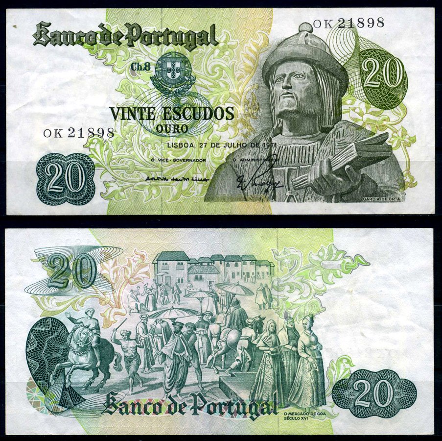Португалия 20 эскудо 1971 27 июля 1971, Гарсия Де Орта, signatures: V?tor Manuel Ribeiro Const?ncio & Walter Waldemar Pego Marques Pick 173(6) бумага 7204-6-2-2