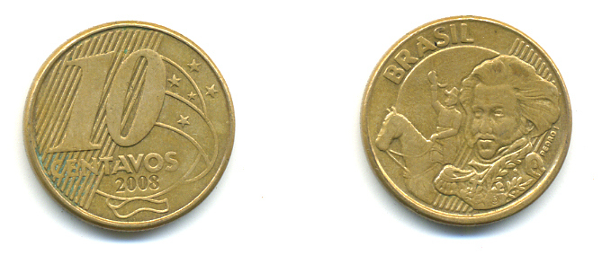 БРАЗИЛИЯ 10 СЕНТАВО 2008 KM 649.2 сталь плакированная латунью 3999-1322