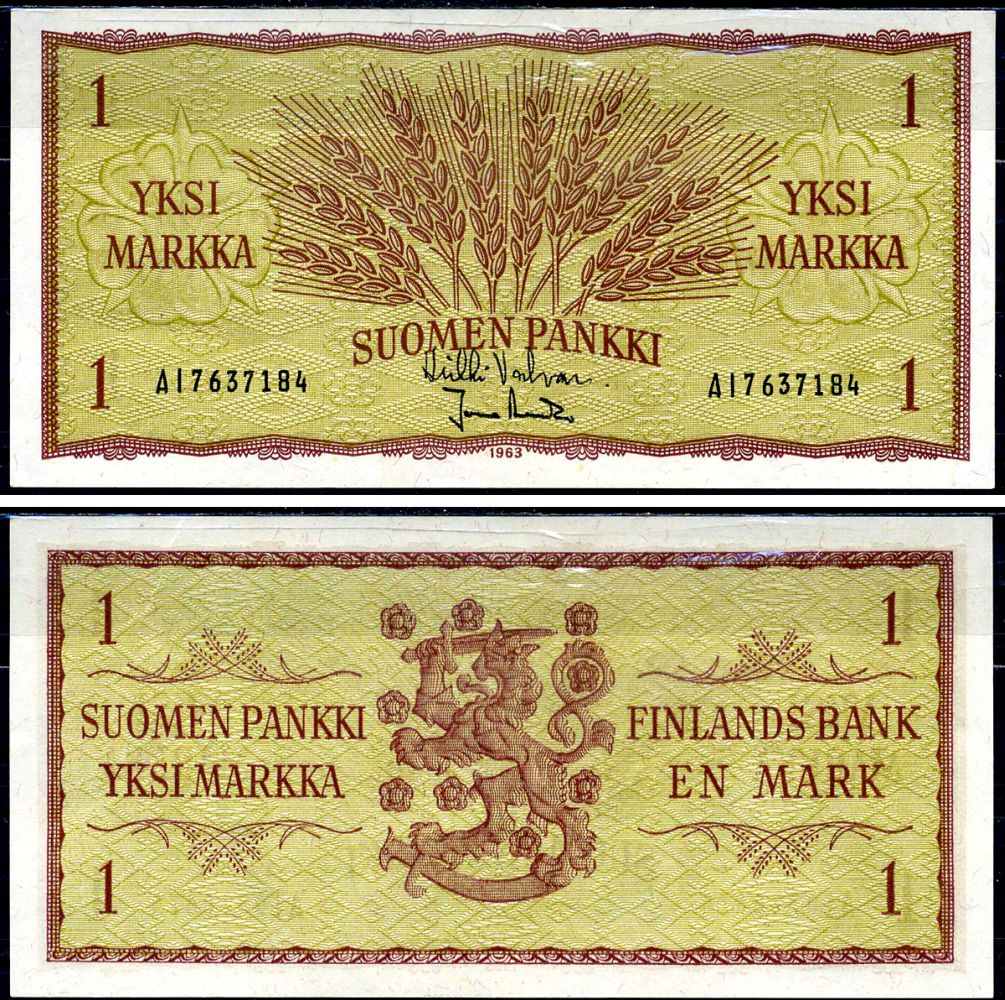 Финляндия 1 марка 1963 Pick 98a (41) бумага aUNC 450-39-2