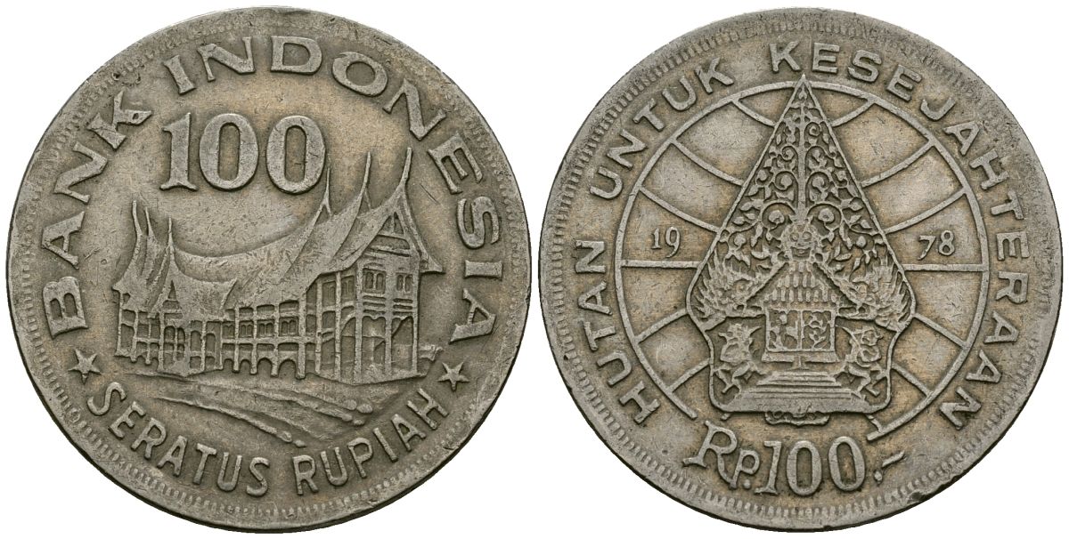 Индонезия 100 рупий 1978 хижина минангкабау, легендарное дерево жизни KM 42 медно-никель 4171-1236