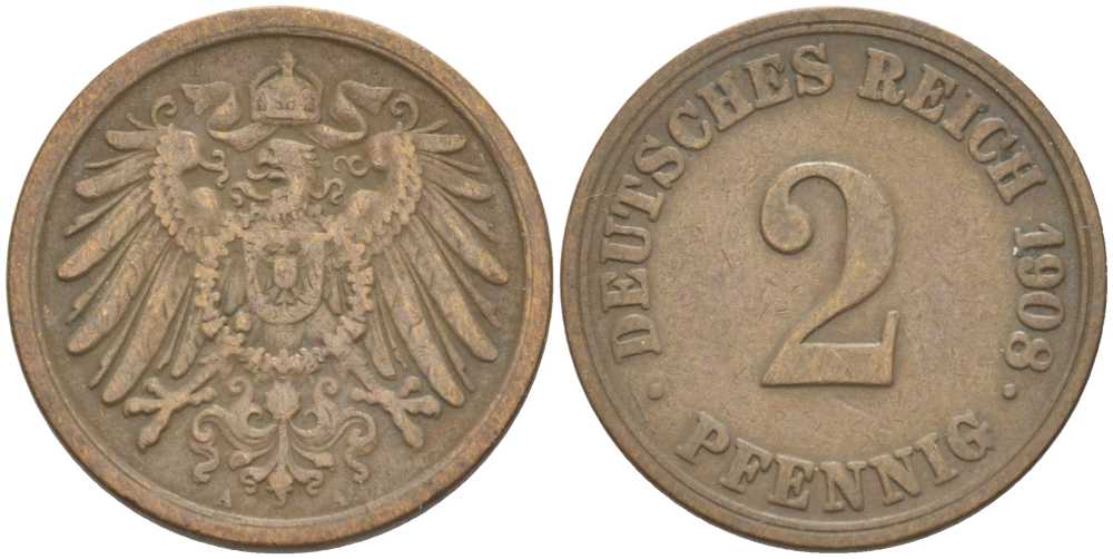 ГЕРМАНИЯ 2 ПФЕННИГА 1908 A KM 16, J. 11, Weege 4 медь 212-336
