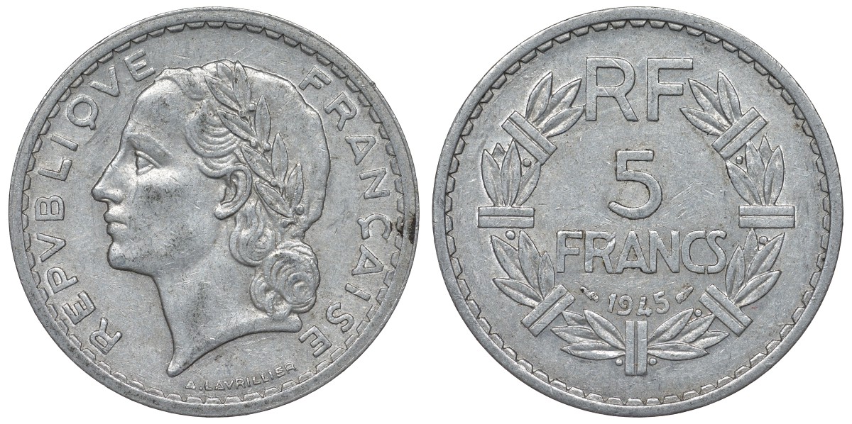 Франция 5 франков 1945 open 9 KM 888b.1, Le Franc 339.3 алюминий 4123-524