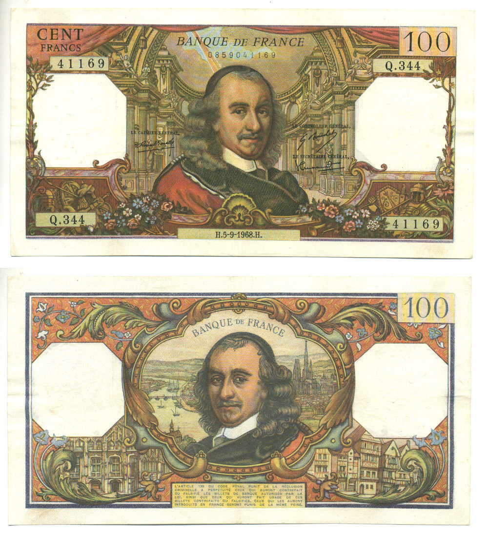 ФРАНЦИЯ 100 ФРАНКОВ 1968 5 СЕНТЯБРЯ 1968 Pick 149c бумага аUNC 3295-35-1