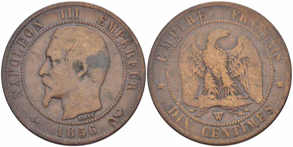 Франция 10 сантимов 1856 W, Наполеон III (1852-1870) KM 771.7, Le Franc 133.38 бронза    4680-613