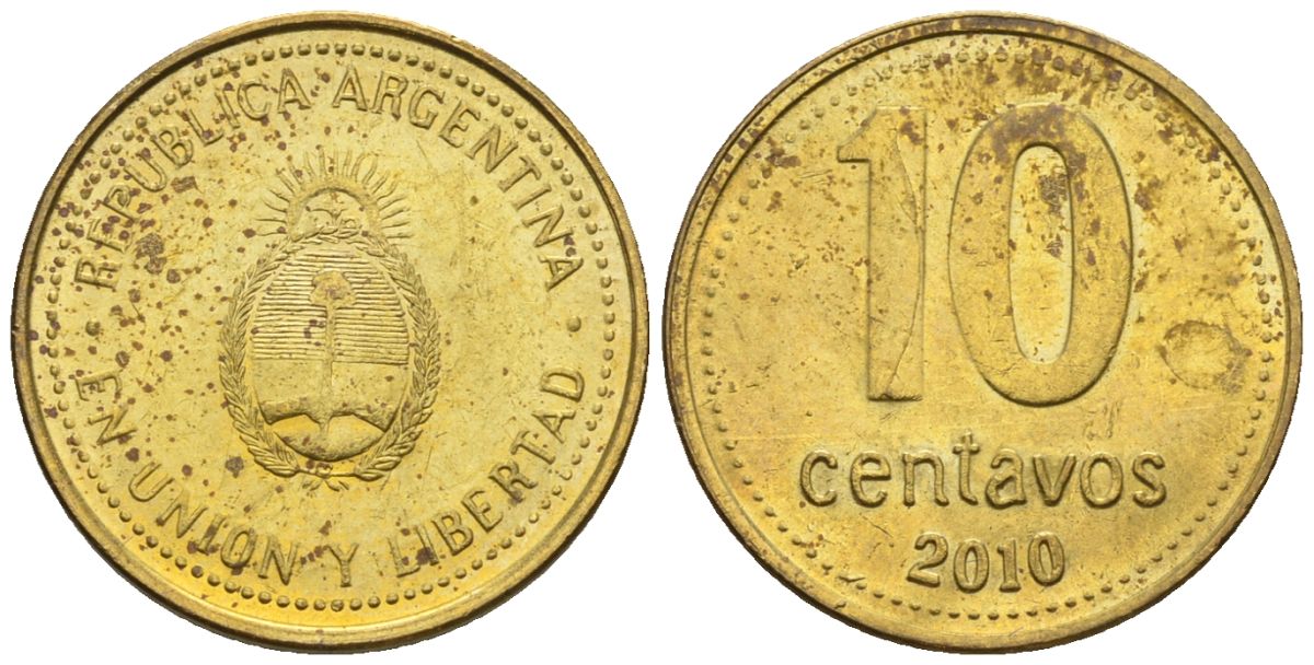 Аргентина 10 сентаво 2010  KM 107a, CJ 3, Schon 110a сталь плакированная латунью    4609-1259
