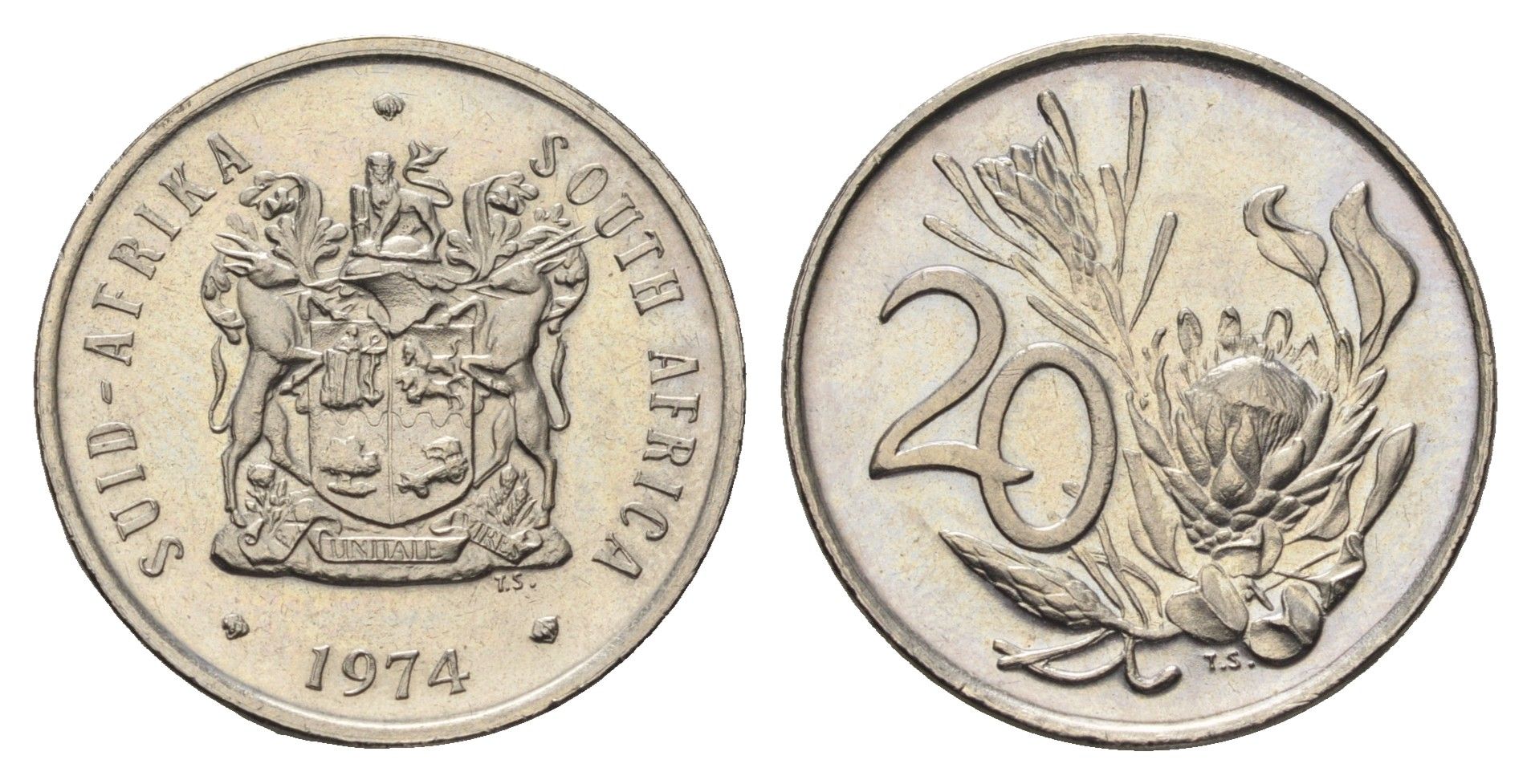 ЮАР 20 центов 1974 герб, цветок протея KM 86 никель UNC 4693-316