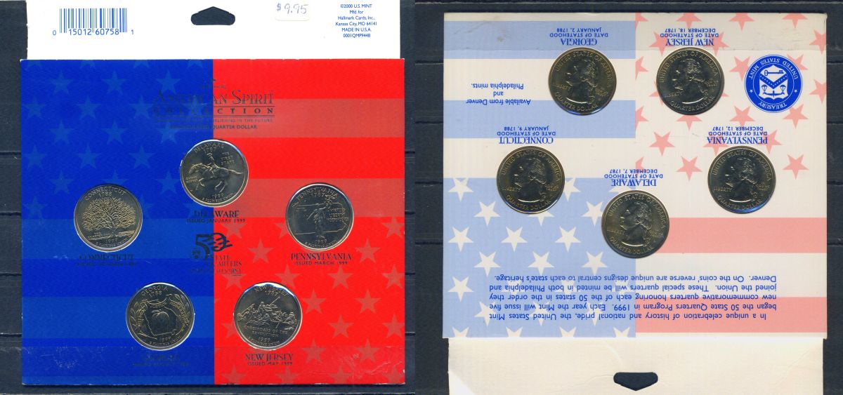 США набор из 5 монет (1/4 доллара = 25 центов) 1999 в оригинальной упаковке, квотер штата Делавэр, Пенсильвания, Нью-Джерси, Джорджия и Коннектикут KM 293, 294, 295, 296 и 297 медь плакированная медно-никелем UNC 7-4-1-24