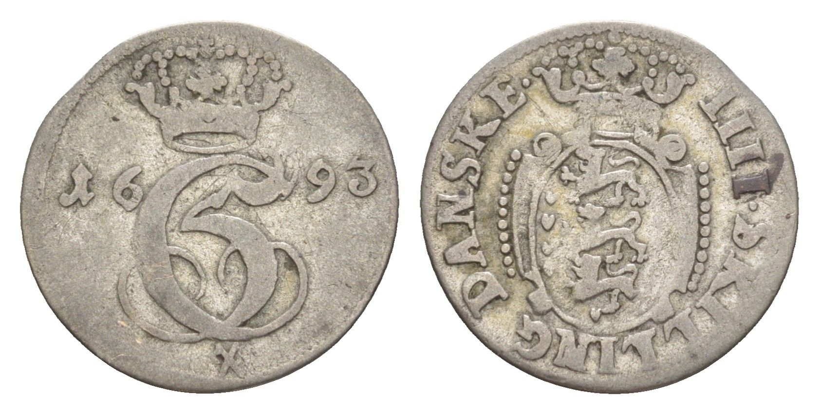 Дания, Глюкштадт 4 датских скиллинга 1693 Кристиан V (1670-1699) KM 79 серебро 650-325