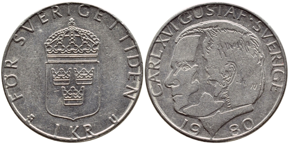 Швеция 1 крона 1980 Карл XVI Густав (1973- ) KM 852 медь плакированная медно-никелем 4397-957