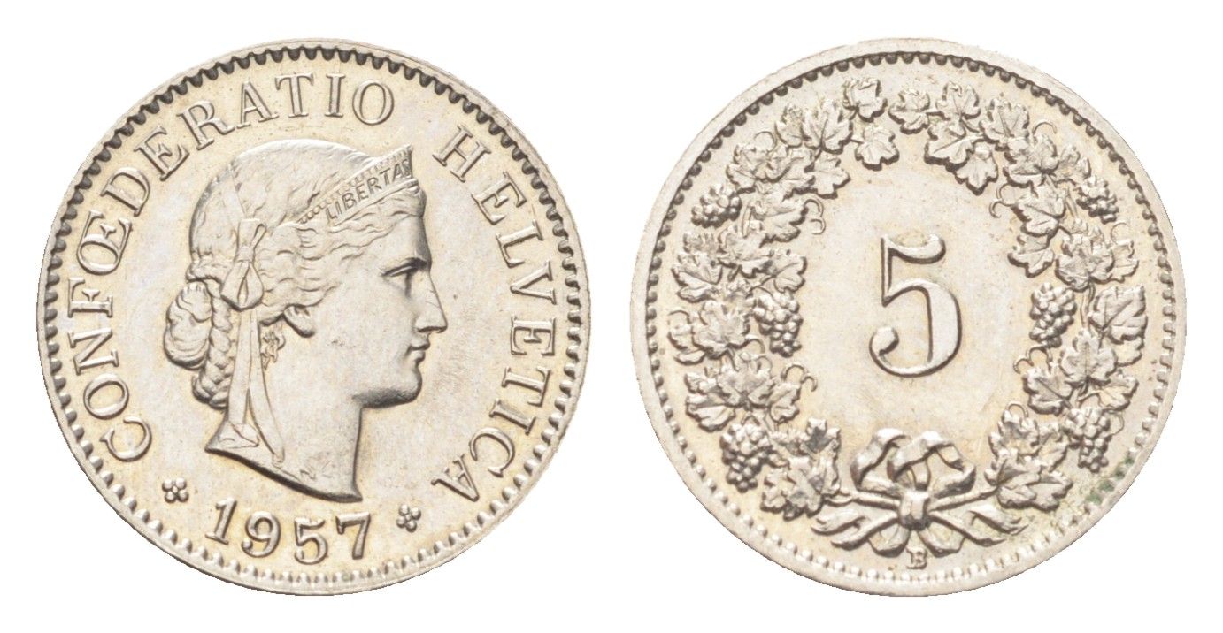 Швейцария 5 раппенов 1957 B KM 26 медно-никель 4705-1249