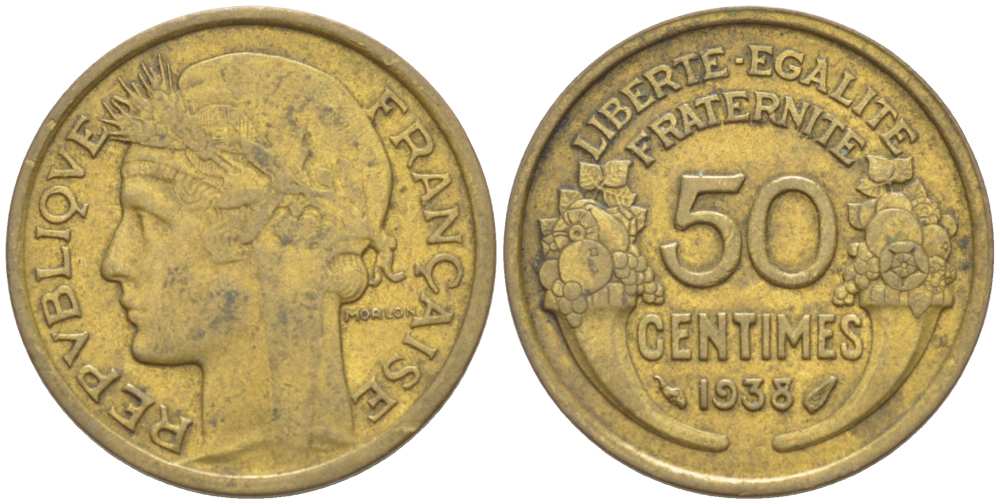 ФРАНЦИЯ 50 САНТИМОВ 1938 ТИП МОРЛОН KM 894.1, LE FRANC 192.14 алюминиевая бронза 218-124