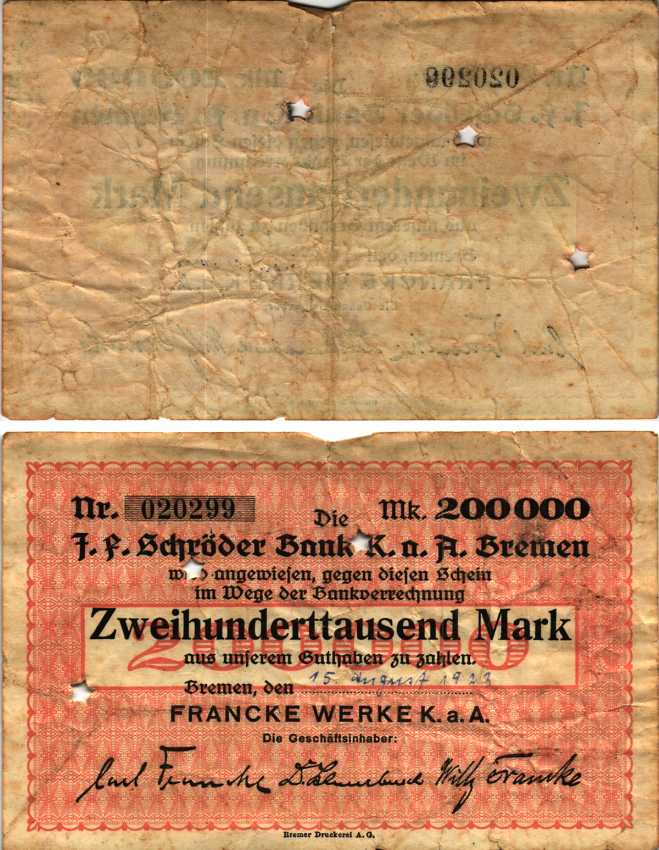 БРЕМЕН 200000 МАРОК 1923 НОТГЕЛЬД, 15 АВГУСТА 1923, FRANKE WERKE K. a. A., ПЕРФОРАЦИЯ ЗВЕЗДА, СВОБОДНЫЙ ГОРОД Keller 585c бумага 6318-34-2-2