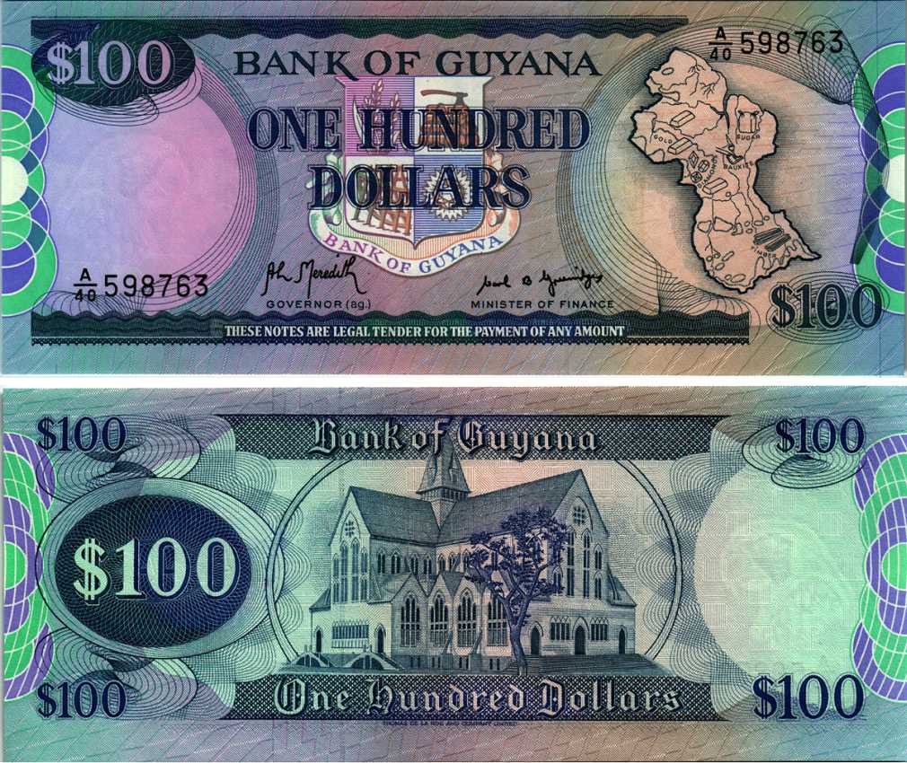 Гайана 100 долларов ND (1989) карта Гайаны, собор Святого Георгия Pick 28 (2) бумага UNC (пресс) 7183-30-4-2