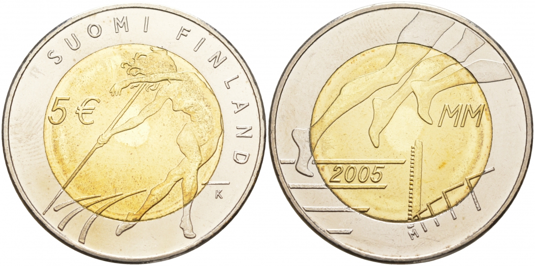 Финляндия 5 евро 2005 X Чемпионат мира по легкой атлетике, с сертификатом KM 118 биметалл UNC M3-06