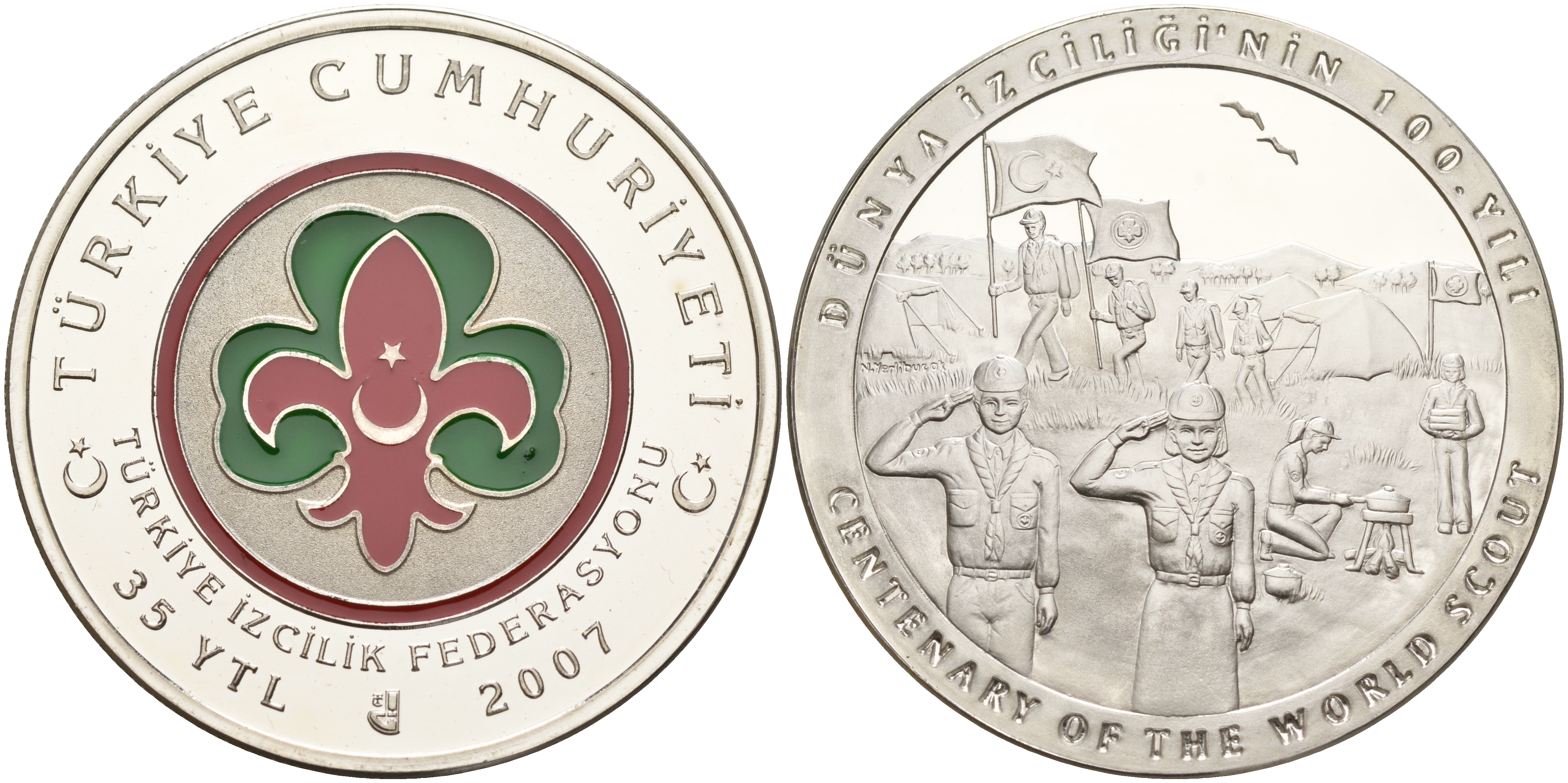 Турция 35 новых лир 2007 100 лет скаутскому движению, эмаль KM NEW серебро PROOF 01-171-24