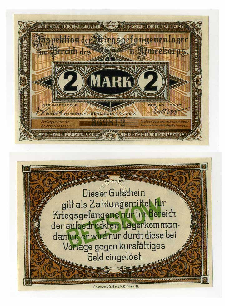 Германия 2 марки 1917 инспекция лагерей военнопленных в Бескове, III-ий Армейский корпус C-2711 бумага UNC (пресс) 000-00-00