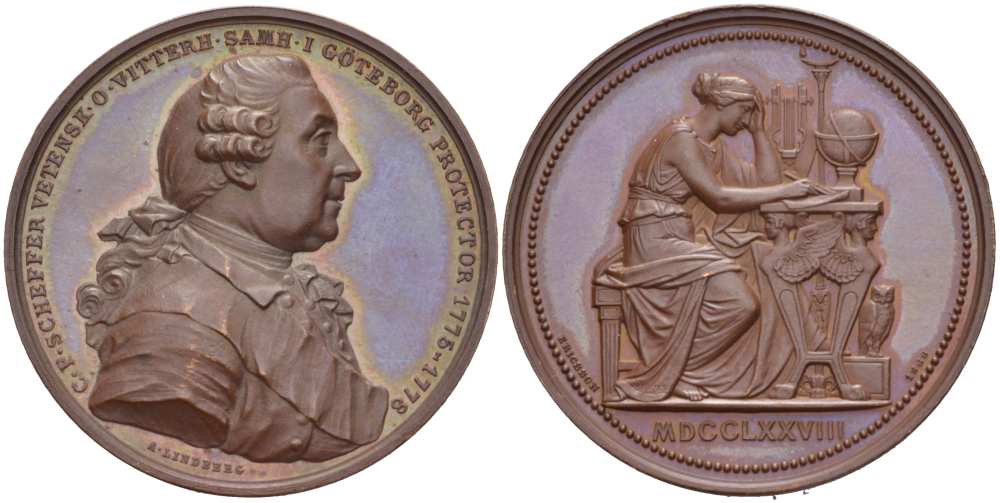 ШВЕЦИЯ МЕДАЛЬ 1866 C.F. SCHEFFER VETENSK.O. VETTERN ПРОТЕКТОР ГЁТЕБОРГА (1775-1778), ДИАМЕТР 36,5 ММ., ВЕС 26,68 ГР., МЕДАЛЬЕР A. LINDBERG бронза UNC 00-000-00