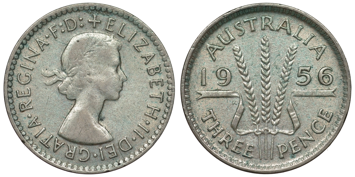 Австралия 3 пенса 1956 m, Елизавета II (1952-2022) KM 57 серебро 71-459