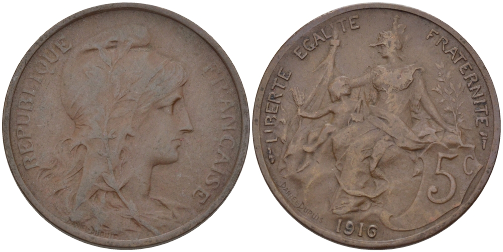 ФРАНЦИЯ 5 САНТИМОВ 1916 ТИП ДАНИЭЛЬ ДЮПЮИ KM 842, LE FRANC 119.28 бронза 28-614