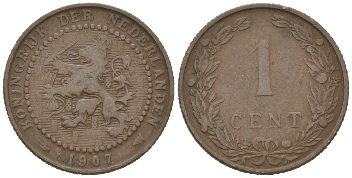 Нидерланды 1 цент 1907 Вильгельмина (1890-1948) KM 132 бронза 4154-1154