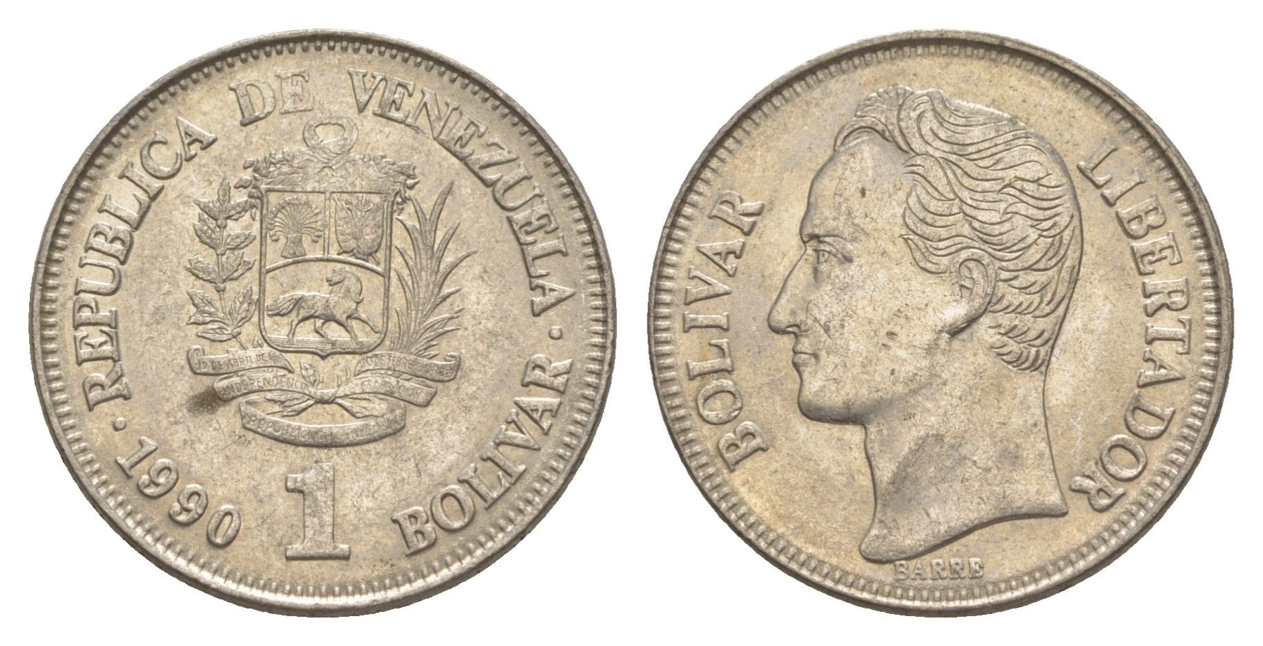 Венесуэла 1 боливар 1990 Симон Боливар, толстый шрифт Y 52a.2 сталь плакированная никелем 4591-525