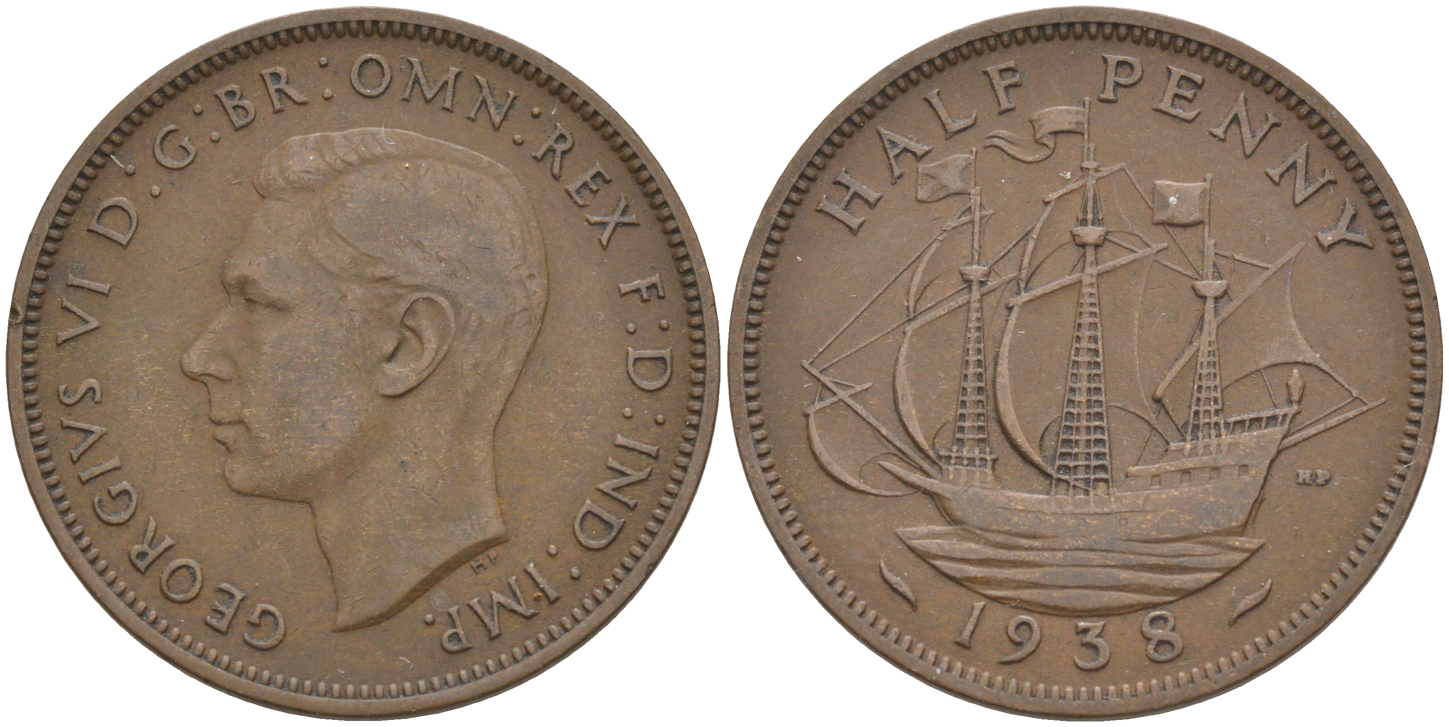 Великобритания 1/2 пенни 1938 Георг VI (1936-1952) KM 844, Spink 4115 бронза 63-413