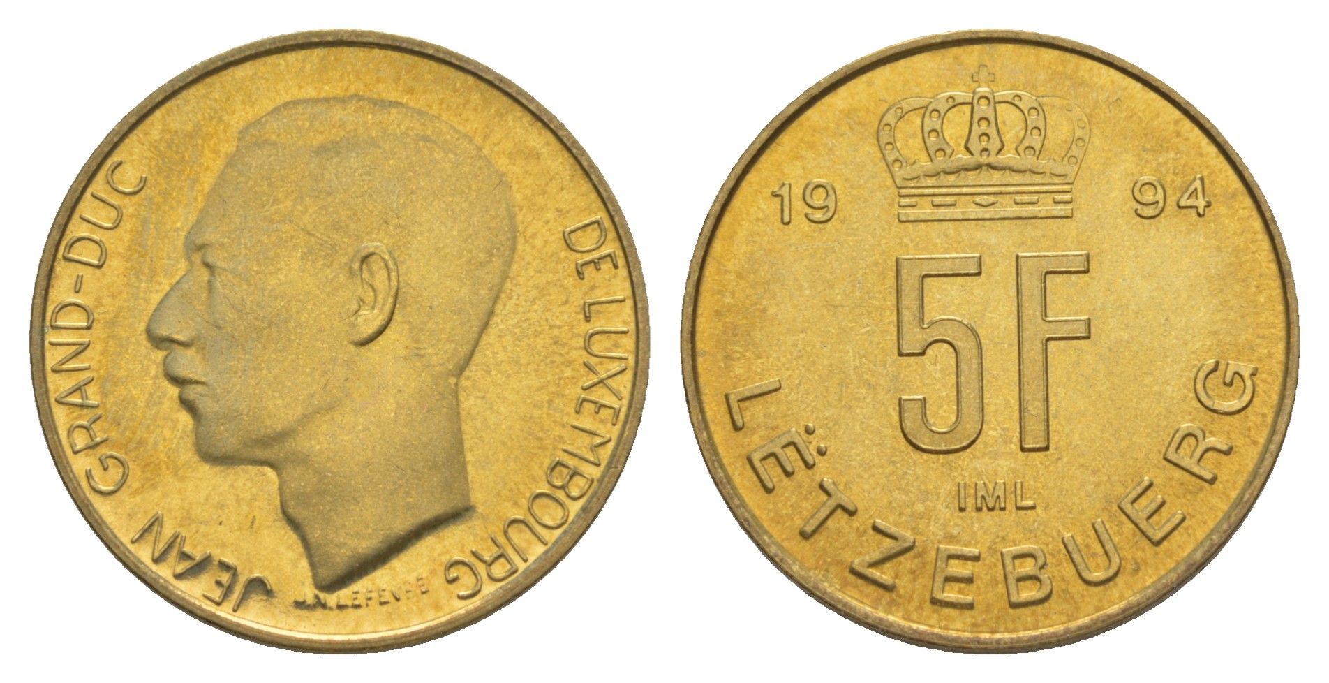 Люксембург 5 франков 1994 Великий герцог Жан (1964-2000), тираж 10.000 экземпляров KM 65 алюминиевая бронза BU 4178-655