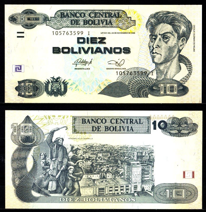 Боливия 10 боливиано 1986 Сесилио Гусман де Рохас, памятник "Heroinas de la Coronilla", Кочабамба Pick 238A бумага UNC (пресс) 7523-37-1-1
