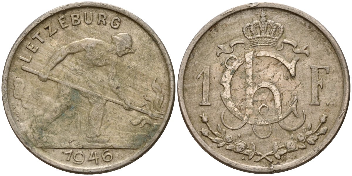 Люксембург 1 франк 1946 KM 46.1 медно-никель 4597-1142