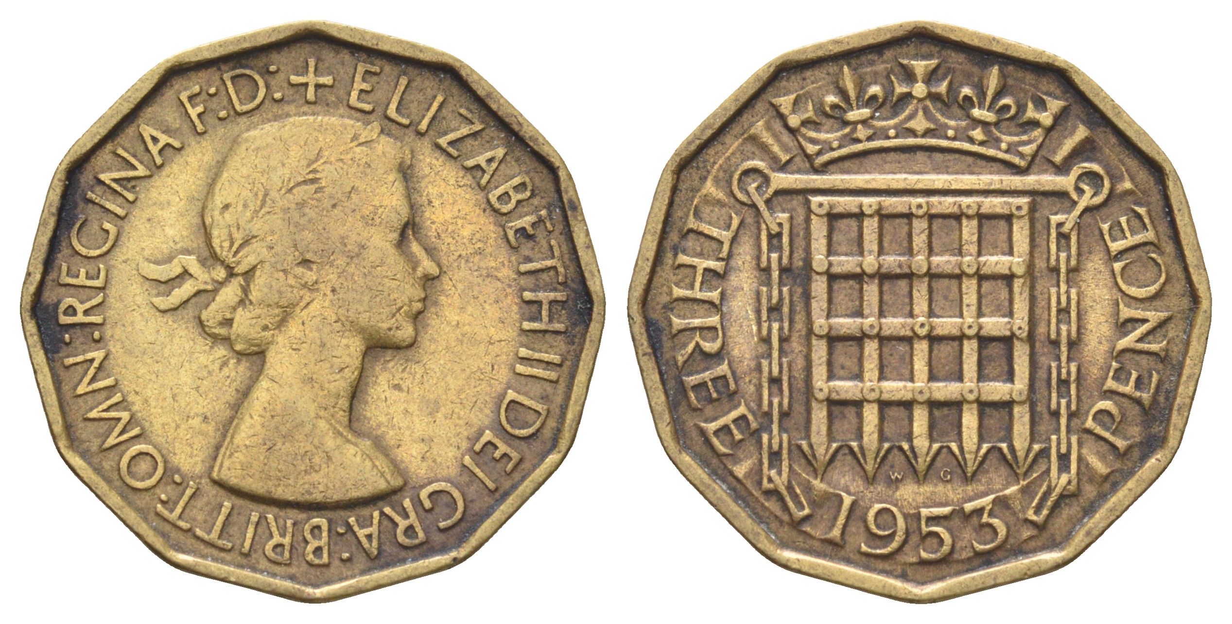 Великобритания 3 пенса 1953 Елизавета II (1952-2022), год-тип KM 886, Spink 4152 никель латунь 4698-1022