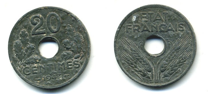Франция 20 сантимов 1943 Правительство Виши KM 900.1, LE FRANC 153.5 цинк 25-2455