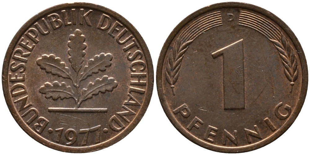 ФРГ 1 пфенниг 1977 D KM 105, J.380 сталь плакированная медью 99-339