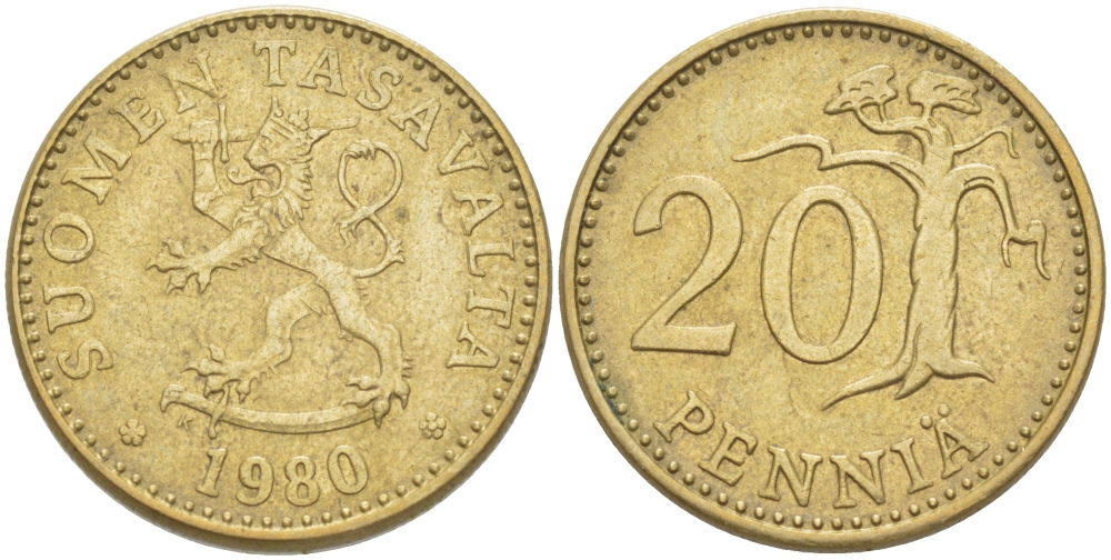 ФИНЛЯНДИЯ 20 ПЕННИ 1980 K KM 47 алюминиевая бронза 3718-643