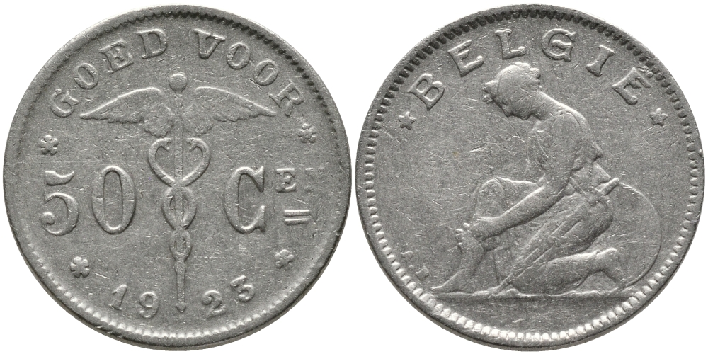 БЕЛЬГИЯ 50 САНТИМОВ 1923 BELGIE KM 88 никель 4385-611