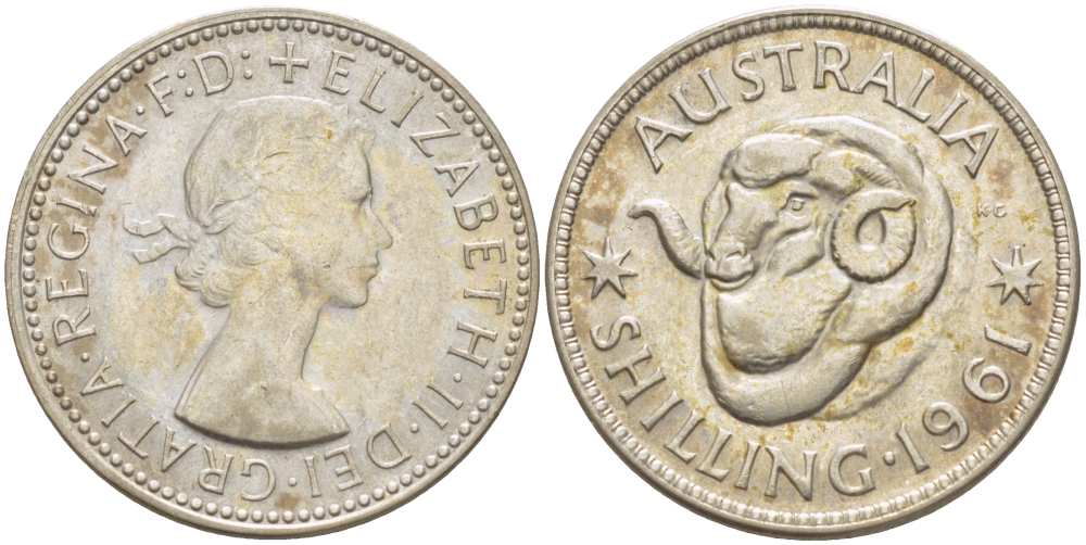 Австралия 1 шиллинг 1961 m, Елизавета II (1952-2022), овца меринос KM 59 серебро 4514-1042