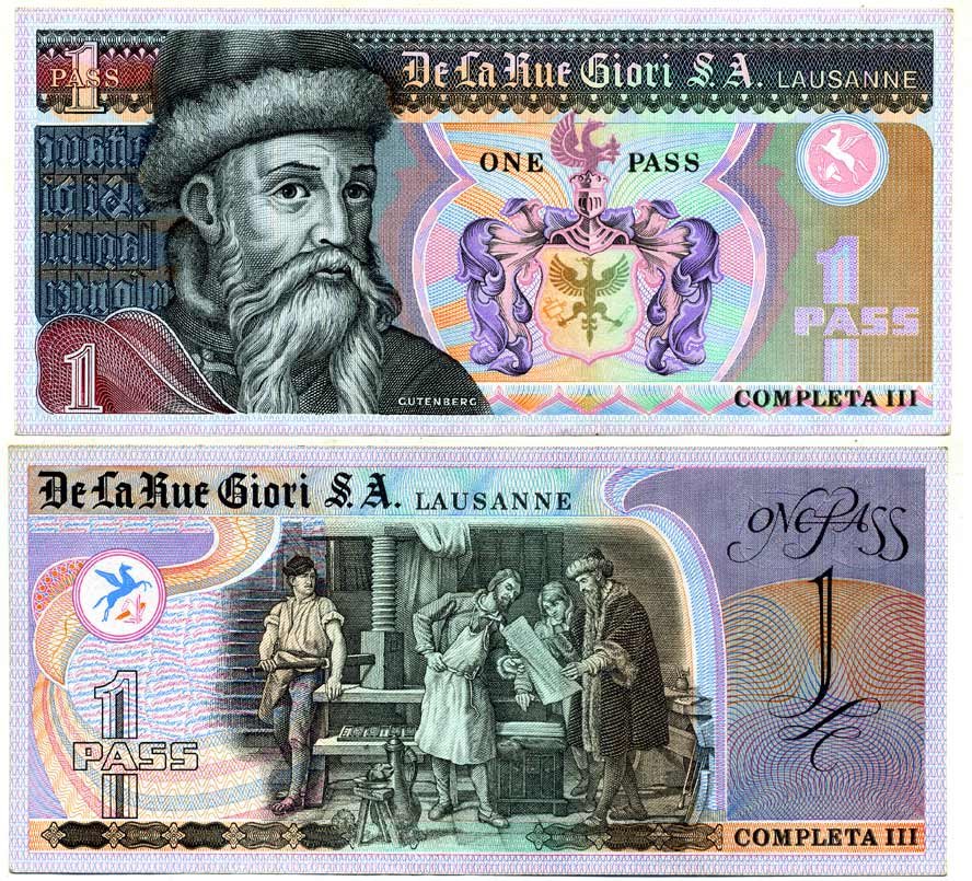 АНГЛИЯ 1 ПАСС ND ГУТЕНБЕРГ, DE LA RUE GIORGI S.A. LAUSANNE бумага UNC (ПРЕСС) 7146-30-3-2