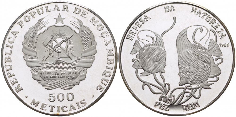 Мозамбик 500 метикалей 1989 серия зашита природы, серия зашита природы, серия зашита природы, рыба мавританский идол, тираж 2000 экз. KM 111 серебро PROOF 1076-9-51