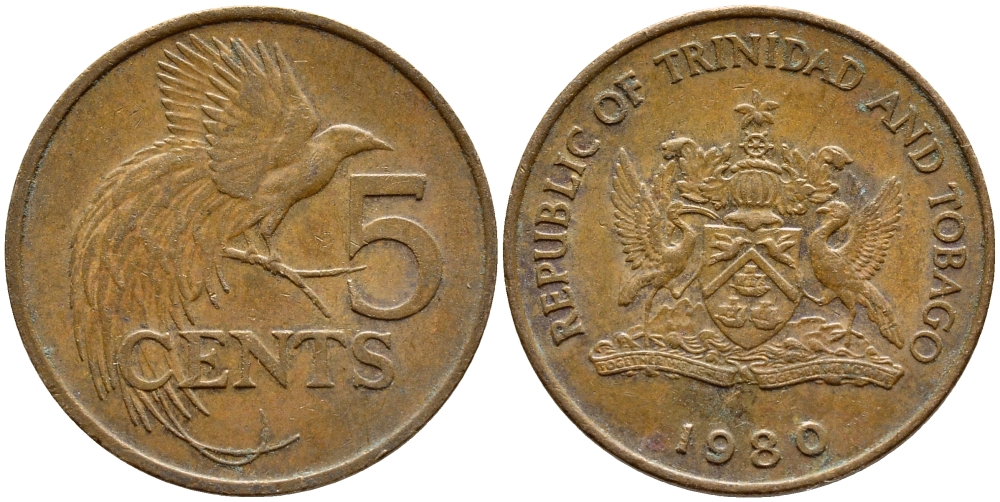 Тринидад и Тобаго 5 центов 1980 райская птица KM 30 бронза 4398-133