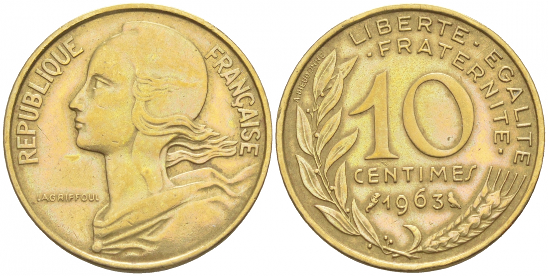 ФРАНЦИЯ 10 САНТИМОВ 1963 ТИП MARIANE KM 929, LE FRANC 144.3 алюминиевая бронза 44-963