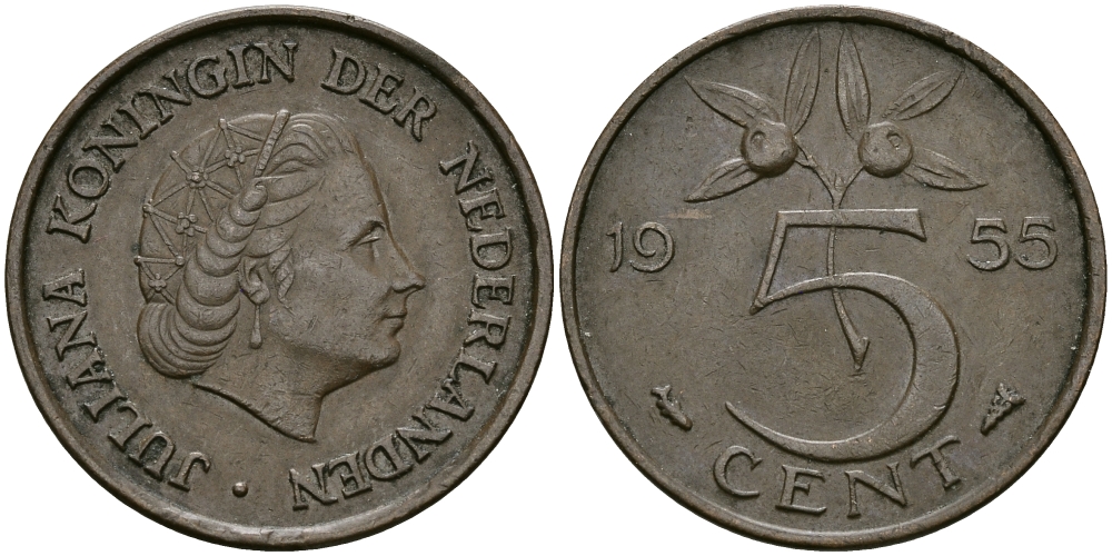 НИДЕРЛАНДЫ 5 ЦЕНТОВ 1955 ЮЛИАНА KM 181 бронза 95-316