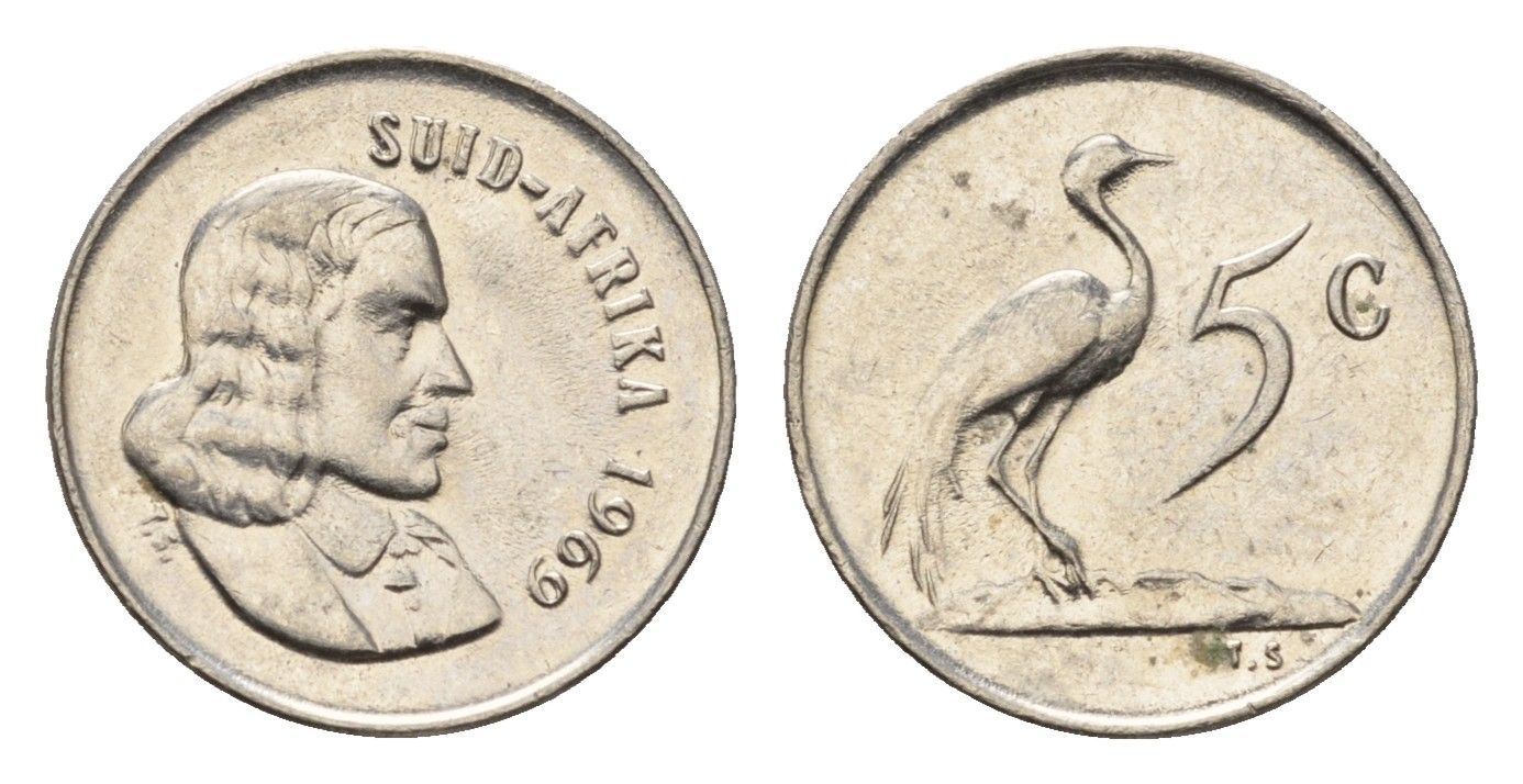 ЮАР 5 центов 1969 Ян ван Рибек (1619-1677), Suid Africa, легенда на африкаанс, райский журавль KM 67.2 медно-никель UNC 4694-426