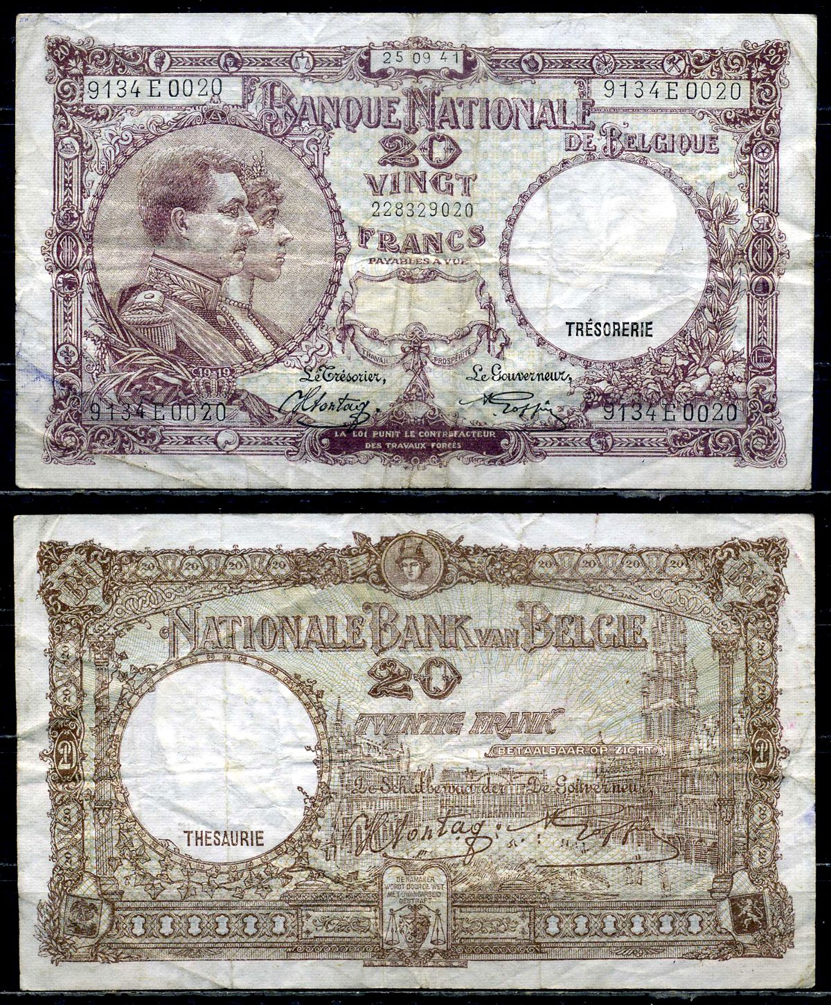 Бельгия 20 франков 1941 25.09.1941, Король Альберт I и его жена Королева Елизавета, Гран-Плас / Гроте Маркт, Брюссель Pick 111 (2) бумага 6301-32-2-1